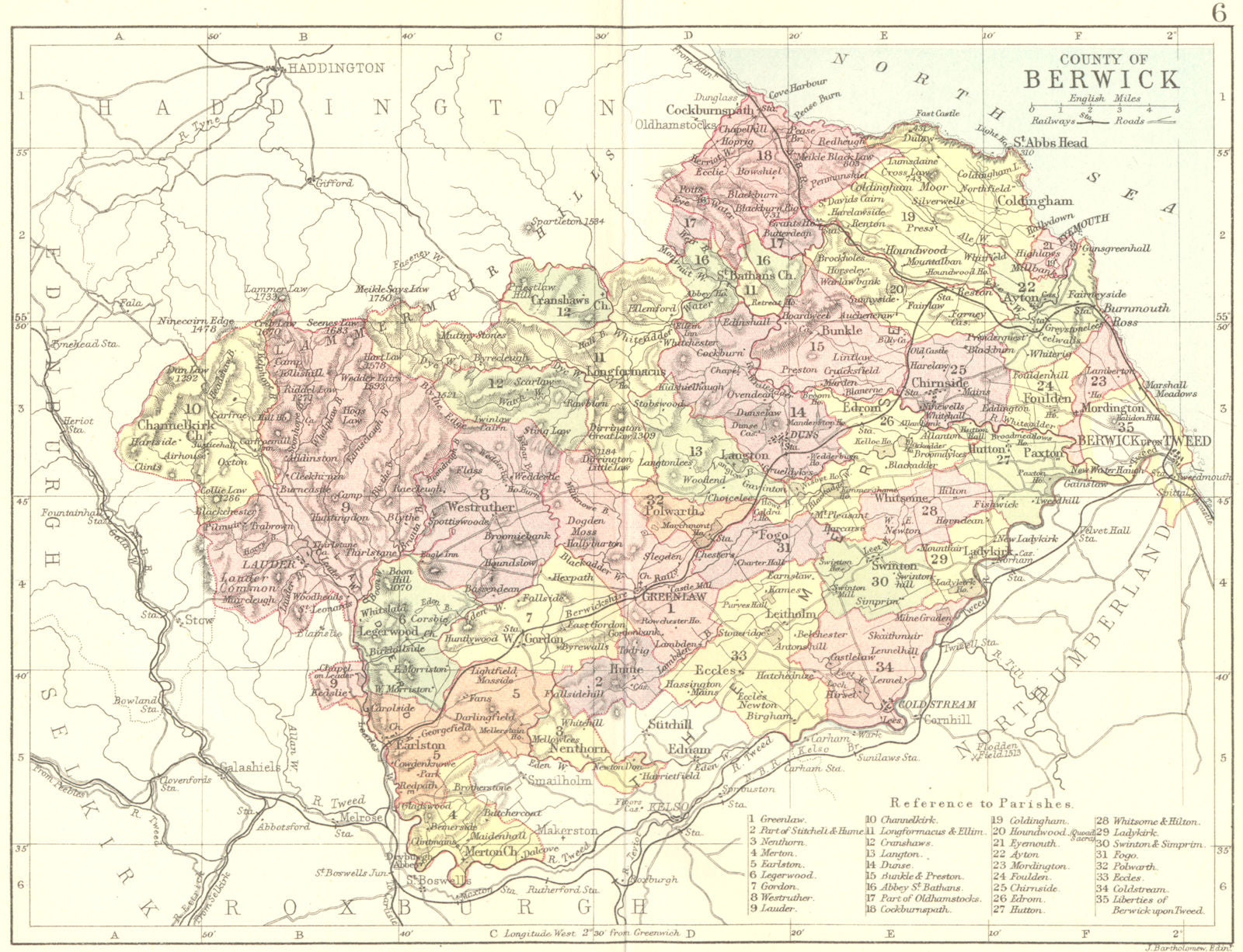 SCOTLAND. Berwick. Berwickshire. Philip 1891 old antique map plan chart